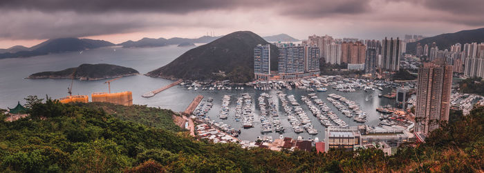 Aberdeen typhoon shelter, hong kong seen from  brick hill nam long shan, in sunset time