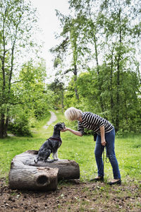Senior woman stroking dog standing on log at field