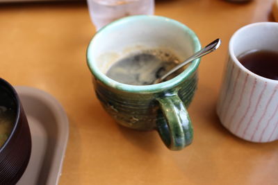 High angle view of coffee cup on table