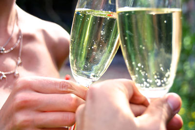 Cropped hands of friends toasting champagne flutes in yard