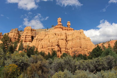 Low angle view of rock formations against sky