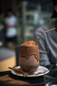 Close-up of chocolate cake on table
