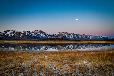 Scenic view of snowcapped mountains against clear sky