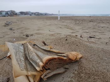 Old book in sand at beach