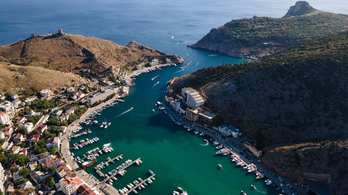 High angle view of boats on beach