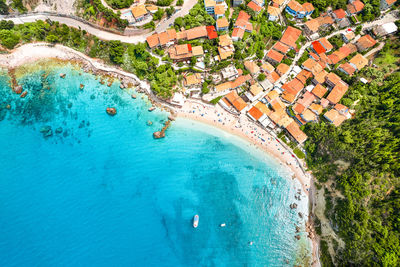 Aerial view of town and beach in lefkada island