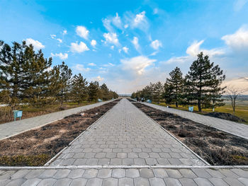 Empty road amidst trees against sky