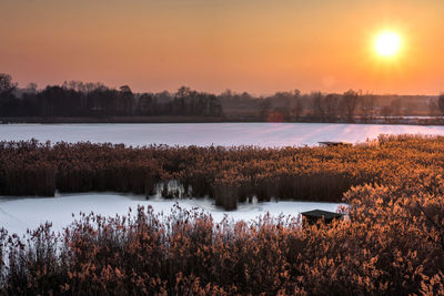 Scenic view of lake against sky during sunset