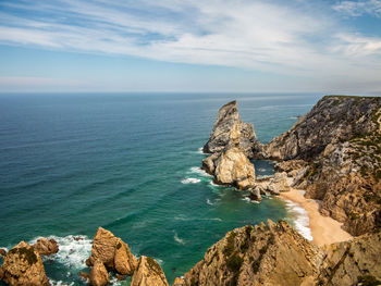 Panoramic view of sea and rocks against sky