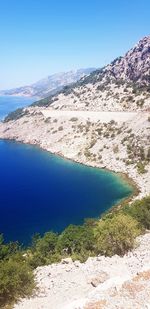 High angle view of lake and mountains against clear blue sky