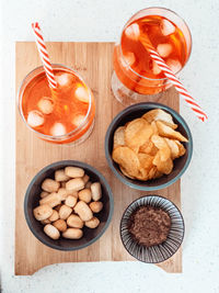 High angle view of various food on table