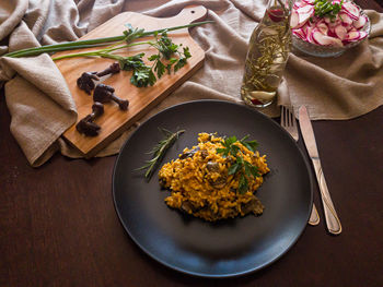 High angle view of food in plate on table