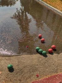 High angle view of multi colored water on beach