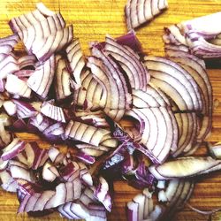 High angle view of chopped mushrooms on table