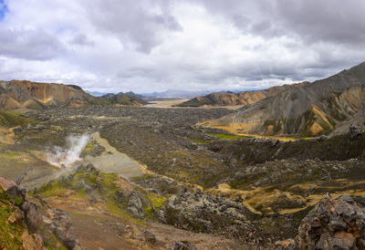 Hiking the laugavegur hiking trail in landmannalaugar, fjallabak, iceland. travel.