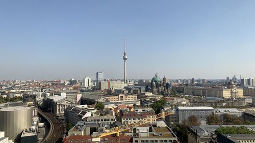 High angle view of buildings in city