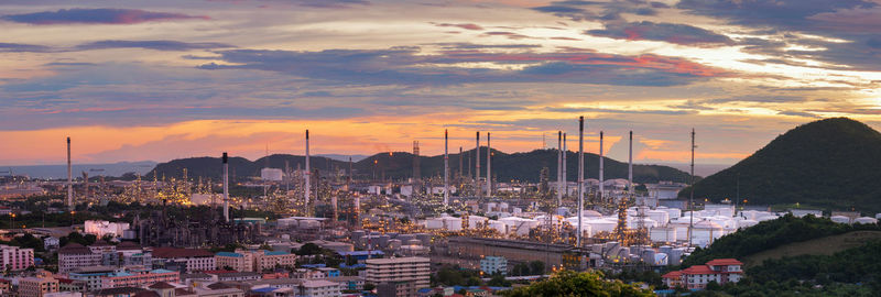 High angle view of buildings at sunset