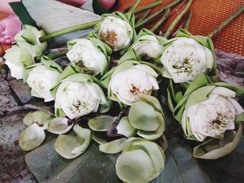High angle view of white roses for sale at market