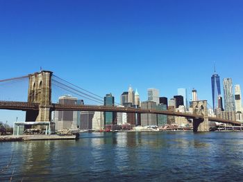 Suspension bridge over river against blue sky