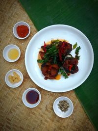 High angle view of meal served on table