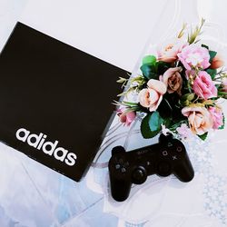 High angle view of pink flower on table