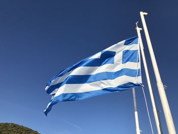 Low angle view of greek flag against clear blue sky