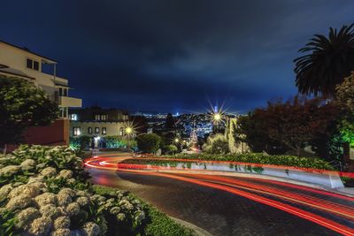 Light trails on road at night