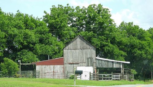 House by trees on field against sky