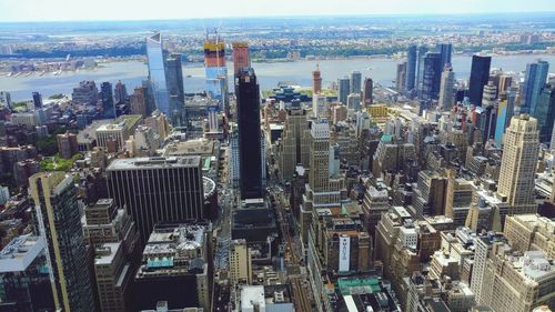 High angle view of modern buildings in city