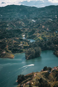 Aerial view of landscape and sea