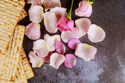 High angle view of pink roses on table