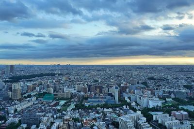 High angle view of townscape against sky during sunset