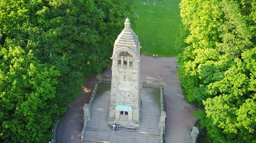 High angle view of built structure by plants