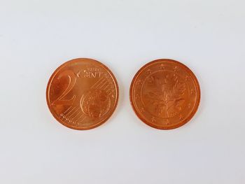 Directly above shot of coins on white background