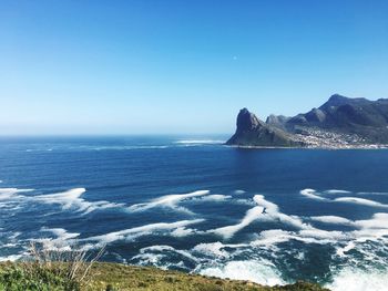 Scenic view of sea against clear blue sky