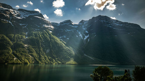 Scenic view of lake and mountains against sky