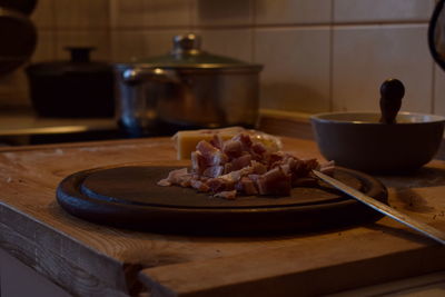 Close-up of food served on table