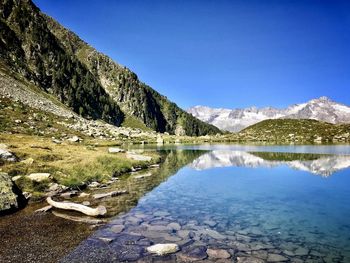 Scenic view of lake and mountains against clear blue sky