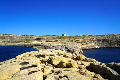 Scenic view of sea against clear blue sky