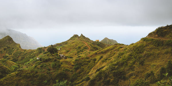 Scenic view of green landscape and mountains against sky