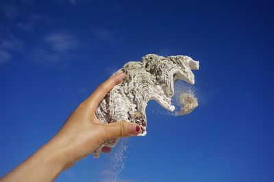 Midsection of person holding blue against sky