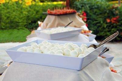 Dish of mozzarella on table in a garden party