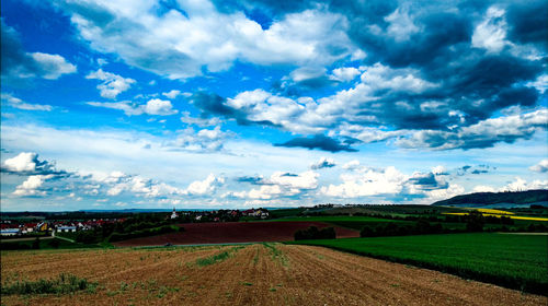 Scenic view of agricultural field against sky