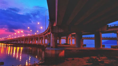 Illuminated bridge over river against sky