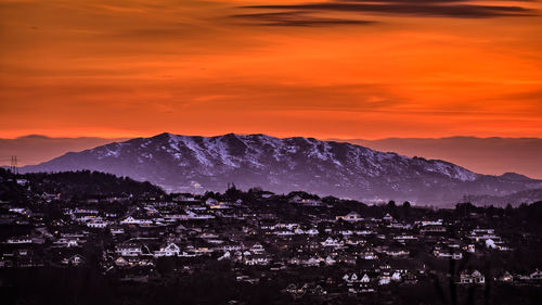 Aerial view of townscape against sky during sunset