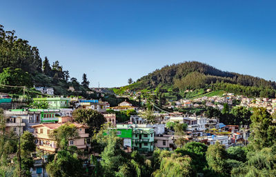 Ooty city view with small houses at morning with mountain background