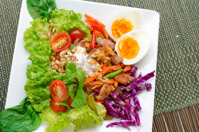 High angle view of food served on table