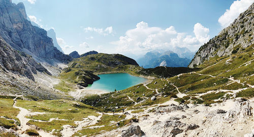 Panoramic view of lake in dolomiti mountains 