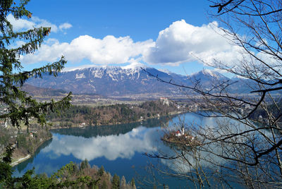 Scenic view of lake and mountains against sky