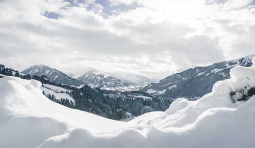 Scenic view of snow covered mountains against sky